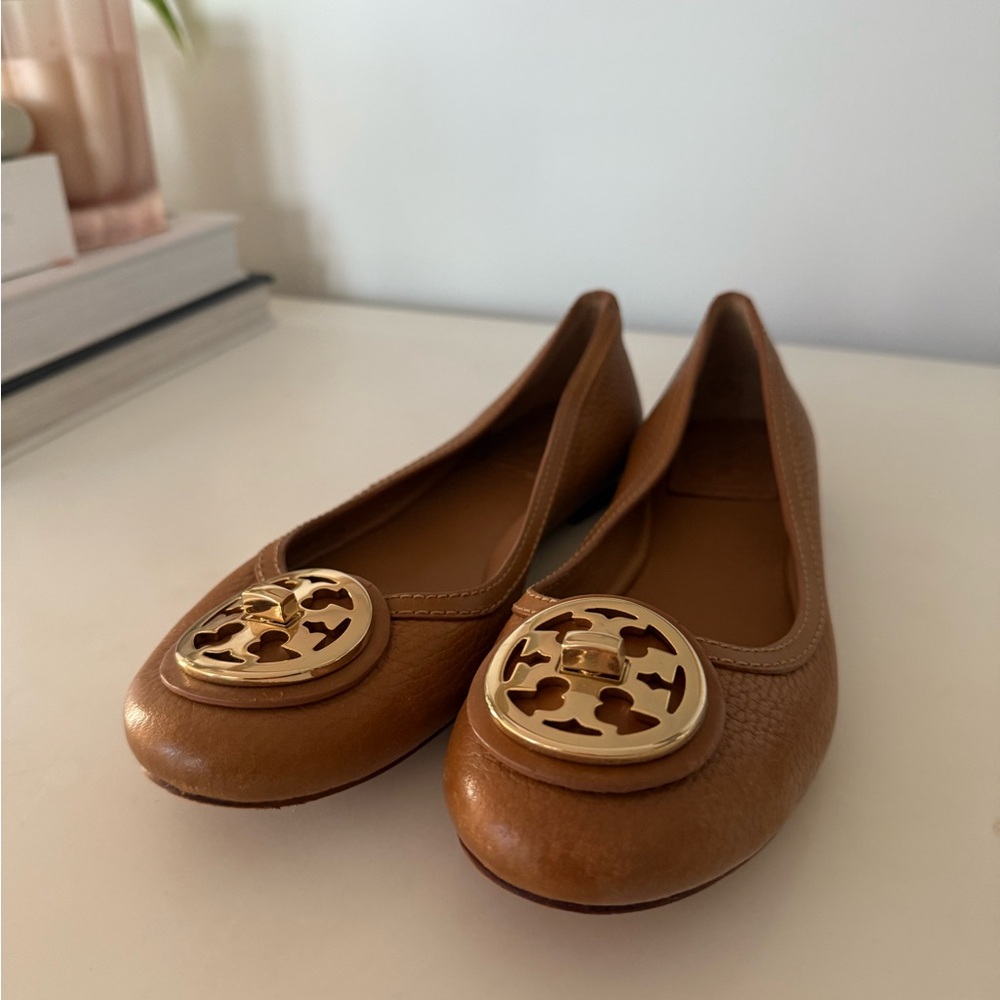 Tory Burch Tan Leather Flats with Gold Accents